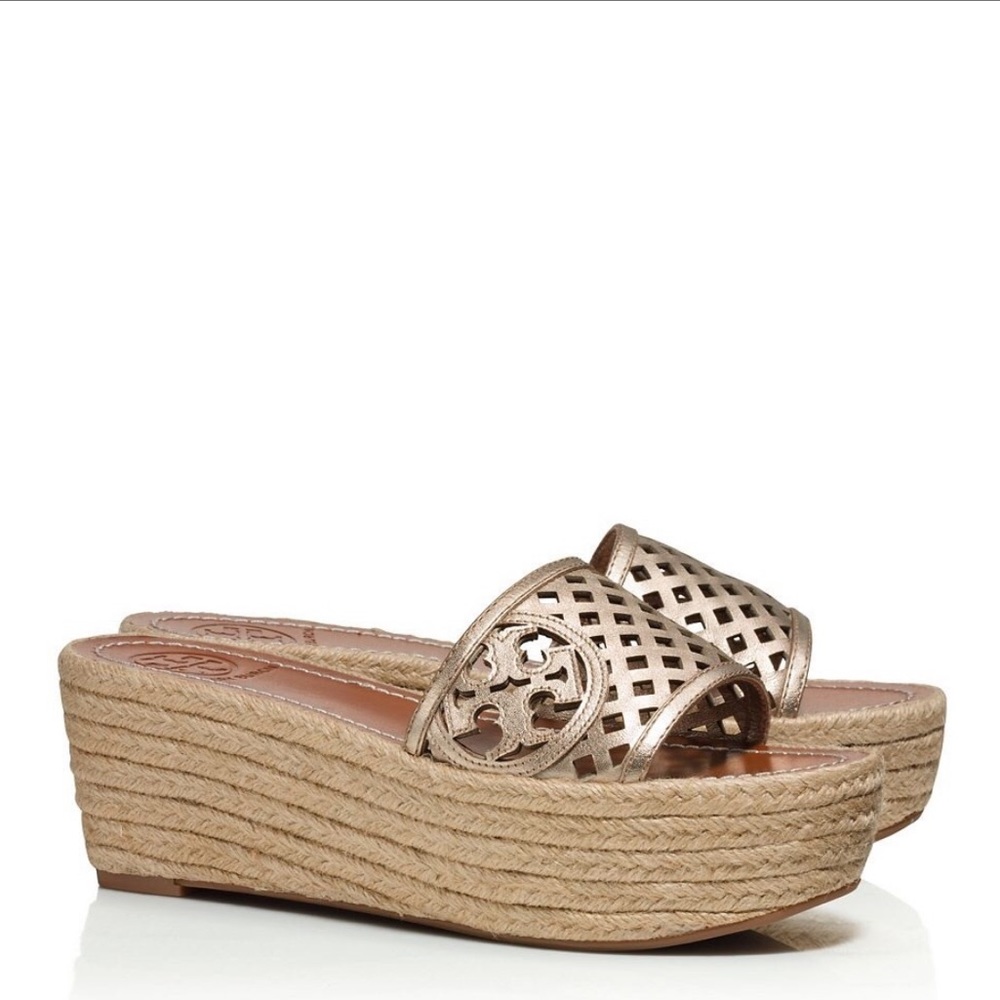 Tory Burch Thatched Perforated Metallic Wedge